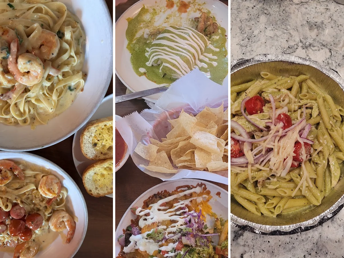 Plates of Mexican and Italian dishes on a table.